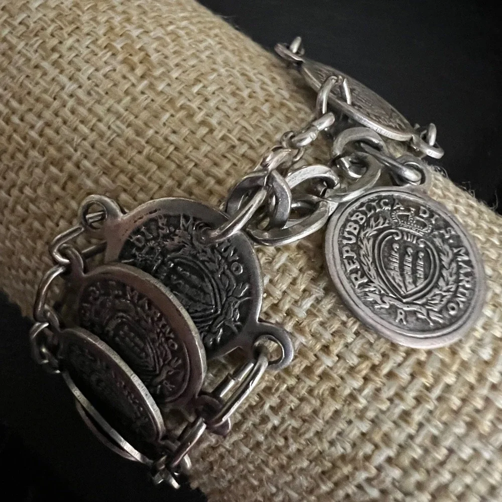 Vintage Silver Tone Multi Coin Link Bracelet 8.5 Inch Renaissance Core